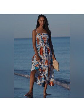 farm rio mixed white and blue prints maxi dress FARM Rio Light Blue Spring Affair Euroflax Premium Linen Maxi Dress, ORANGE / XXS
